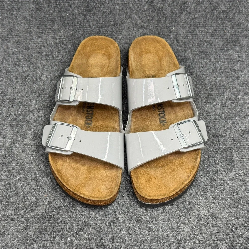 Birkenstock‎ Arizona Slide Sandals Women's 9 Grey Patent Leather Slip On Buckle